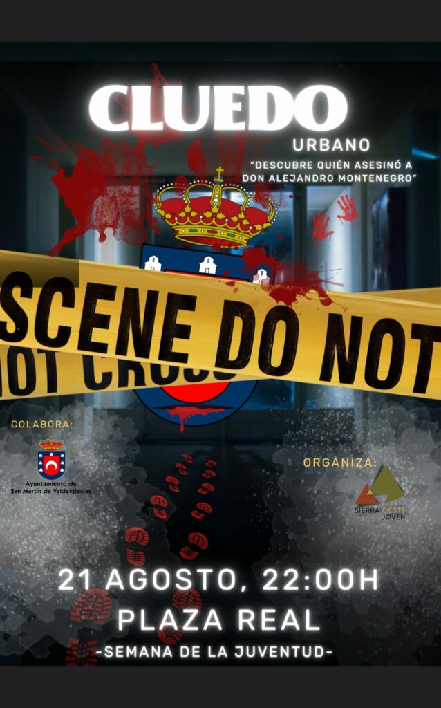 Cartel de la actividad Cluedo Urbano. 21 agosto 2024. Plaza Real.