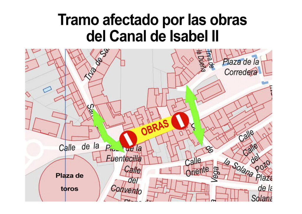 Mapa del tramo afectado por obras del Canal de Isabel II. Se explica en el texto de la información.